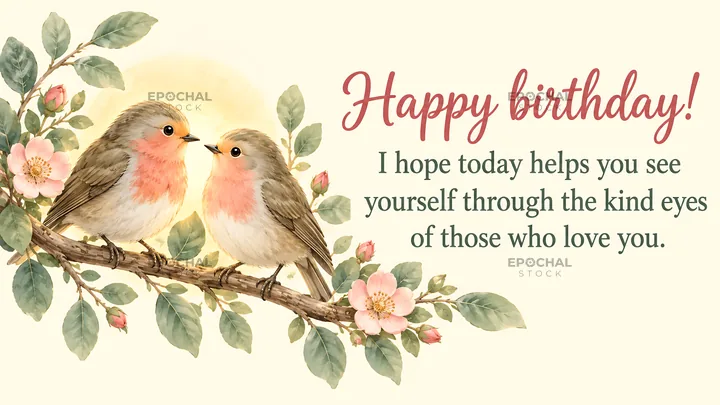 Watercolor Birthday Greeting with Two Birds on a Branch - AI-generated stock image