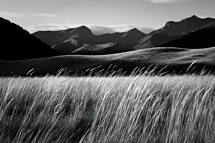 Rolling valley meadows with distant mountains in black and white - AI-generated stock image