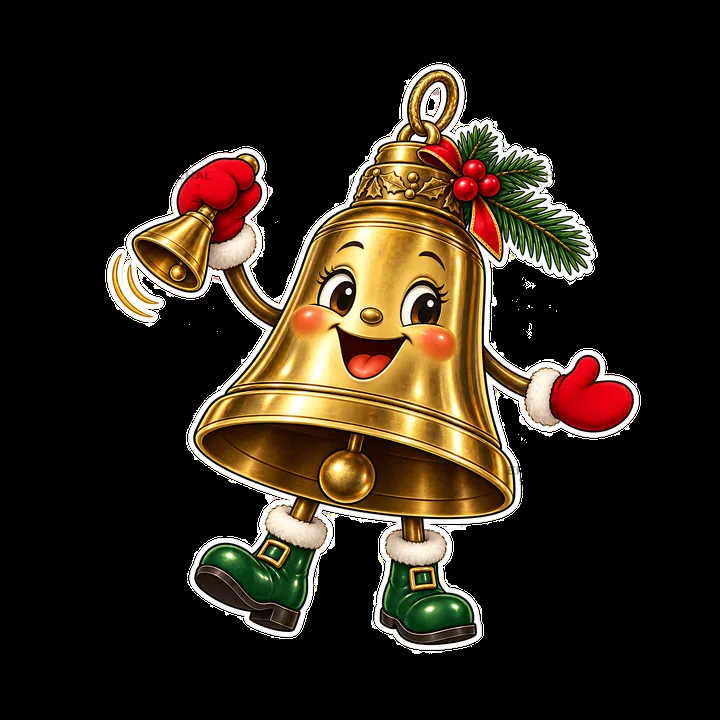 Festive cartoon bell character wearing gloves and holding a bell - AI-generated stock image