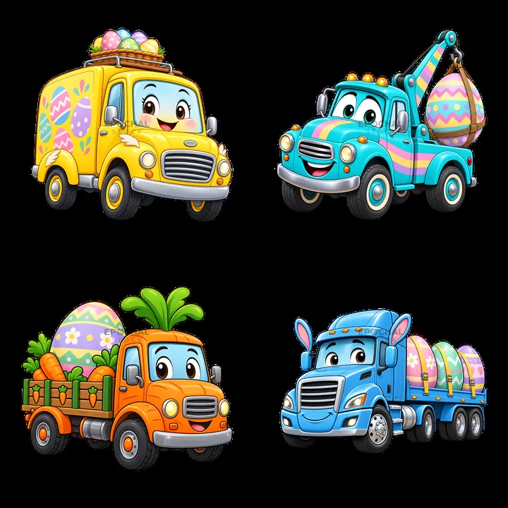 Easter-themed trucks with decorations and colorful eggs - AI-generated stock image