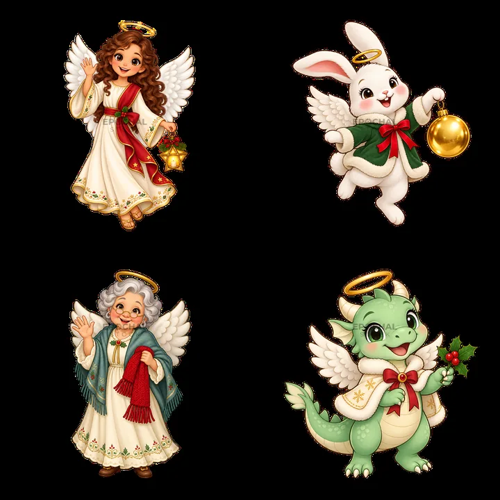 Christmas angel characters with festive accessories in a grid - AI-generated stock image