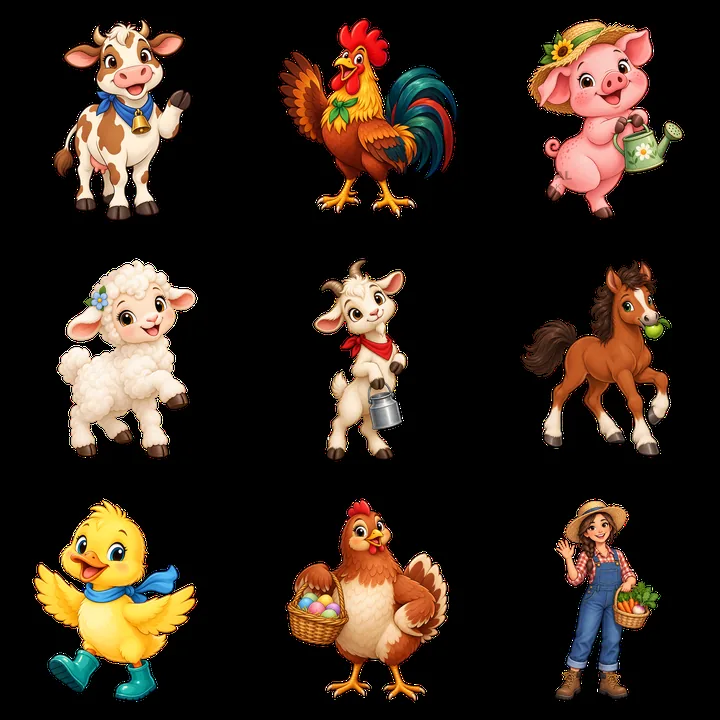 Farm animals and farmer character stickers arranged in grid - AI-generated stock image