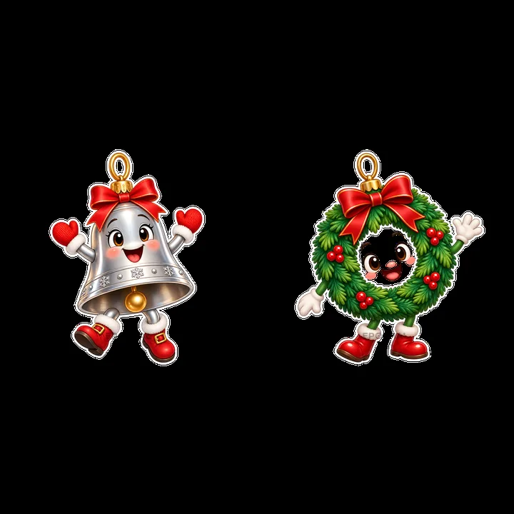 Cheerful bell and wreath cartoon ornaments for holiday decor - AI-generated stock image