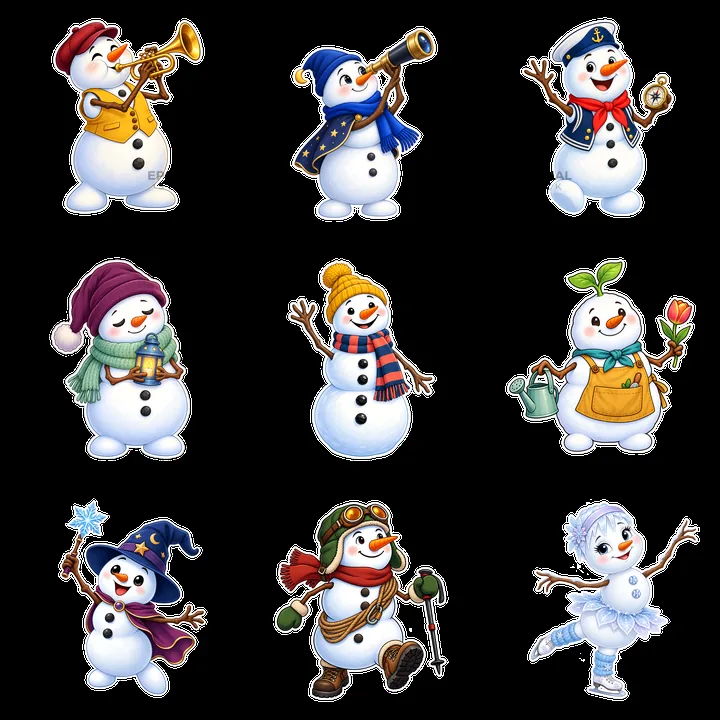 Snowmen engaging in various activities with accessories in 3x3 grid - AI-generated stock image