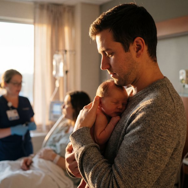 New father holds baby in hospital room at sunset Premium Stock Image - stock photo