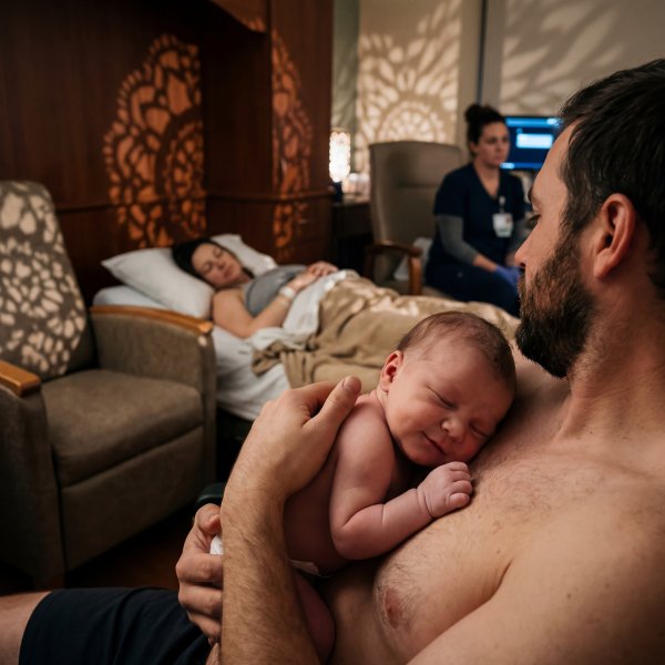Couple welcomes newborn at hospital during evening hours Premium Stock Image - stock photo