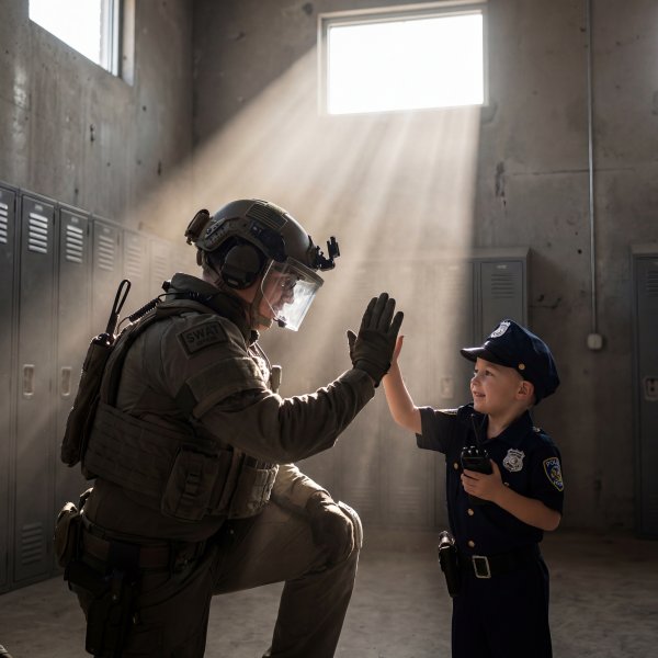 Child plays police officer with adult in police gear - stock photo