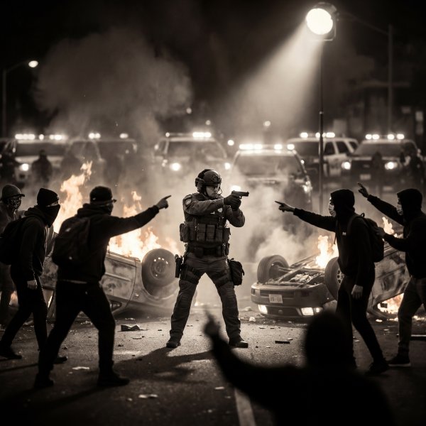Protesters and police clash during night in a city - stock photo