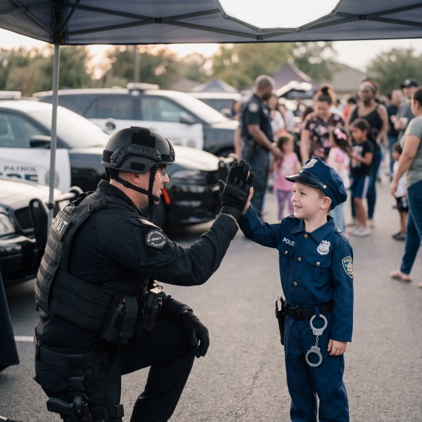 Child in police uniform interacts with officer at community event - stock photo