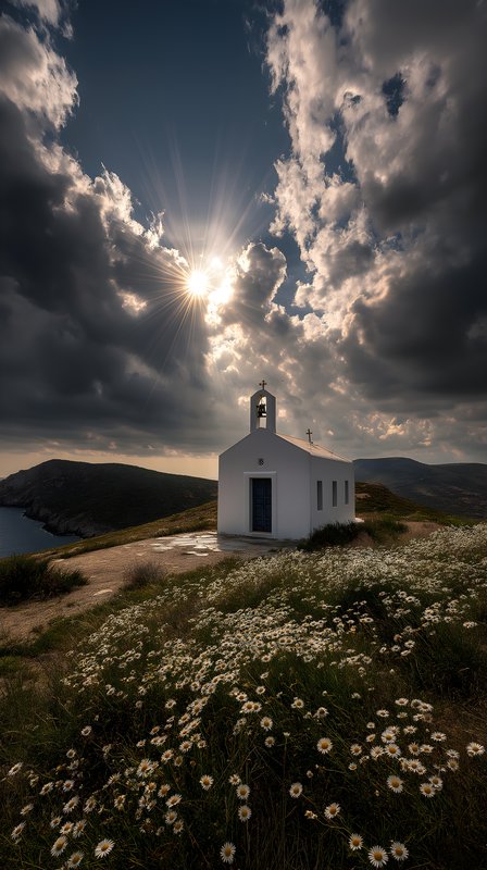 Clouds gather above a small white church by the sea Free Premium Stock Image - stock photo