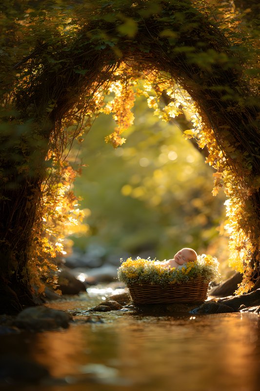Baby in a basket by the stream under the trees Free Premium Stock Photo - stock photo