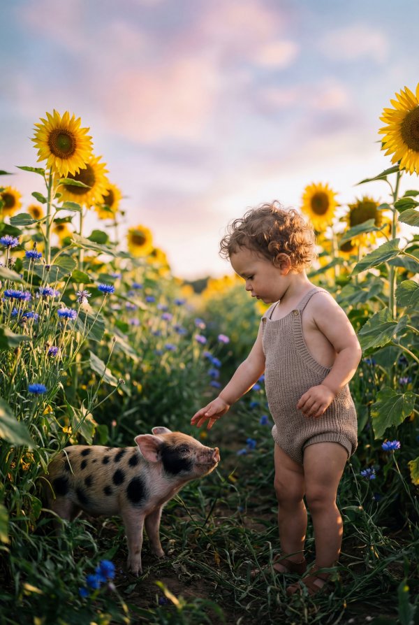 Child interacts with pig in sunflower field during sunset - stock photo