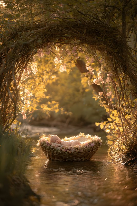 Newborn baby in a basket by a stream surrounded by flowers Free Premium Stock Image - stock photo