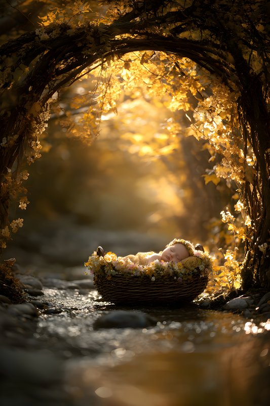 Newborn in a basket under an arch of golden leaves Free Premium Stock Image - stock photo