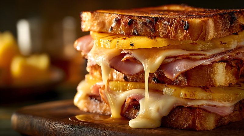 Stacked sandwich with ham and pineapple in a kitchen Free Premium Stock Photo - stock photo