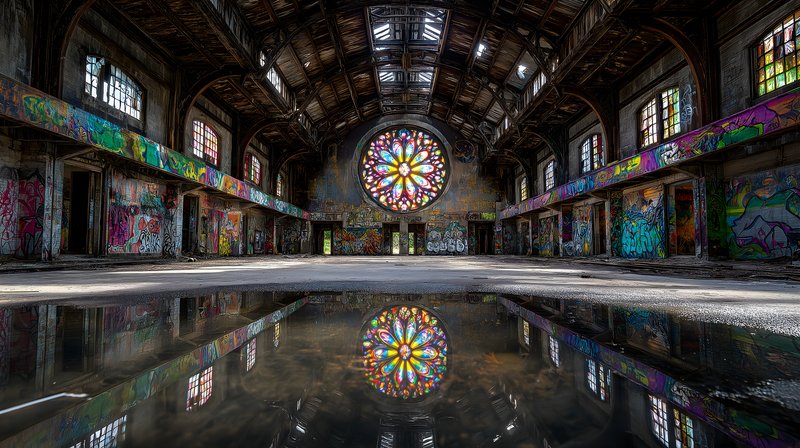 Empty hall with stained glass window in urban space Free Premium Stock Image - stock photo