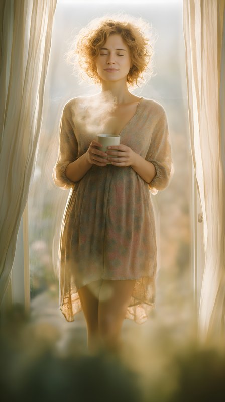 Woman enjoys a hot drink by the window in soft light Free Premium Stock Image - stock photo