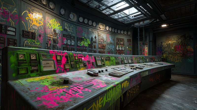 Control room filled with graffiti in an abandoned facility Free Premium Stock Image - stock photo