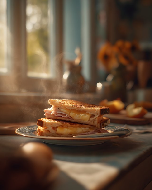 Freshly made sandwich sits on a plate in warm kitchen light Free Premium Stock Image - stock photo
