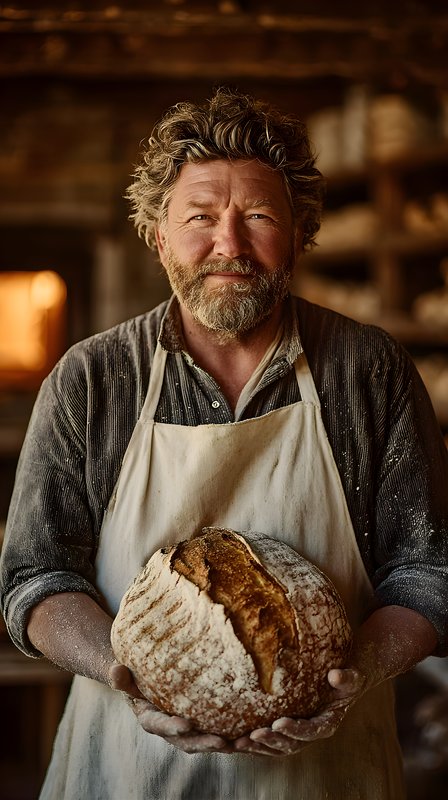 Baker holds fresh bread in a village bakery during the day Free Premium Stock Photo - stock photo