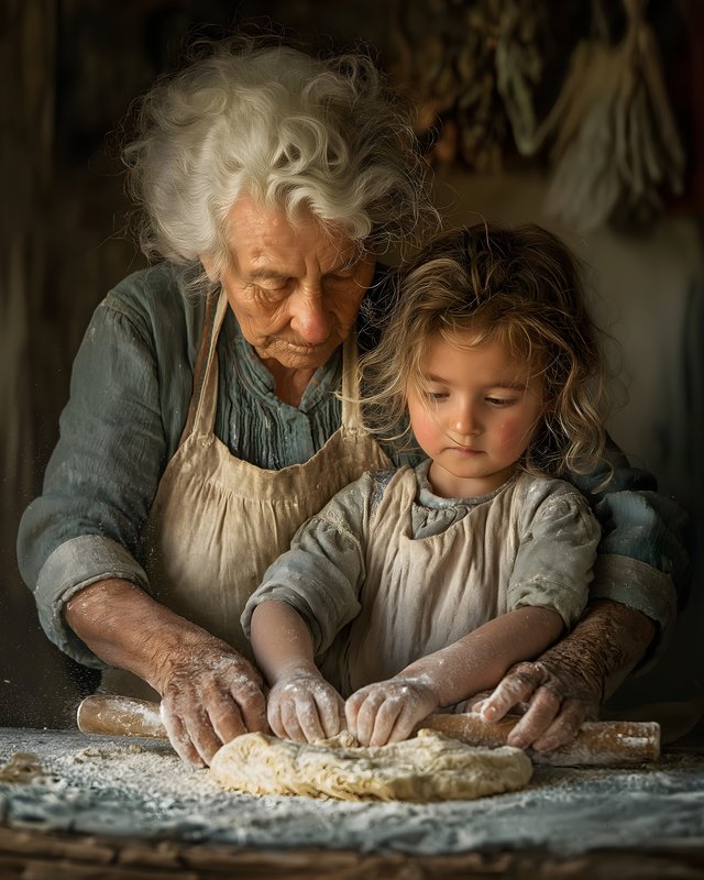 Elderly woman and child making dough in a rustic kitchen Free Premium Stock Image - stock photo