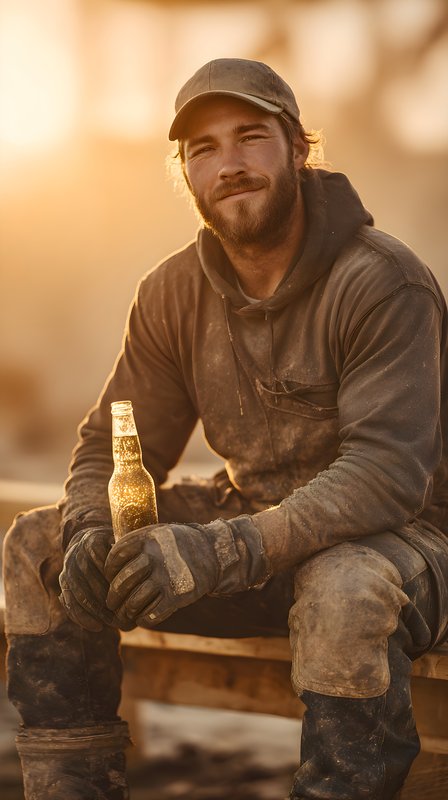 Worker enjoys drink at sunset on construction site Free Premium Stock Image - stock photo