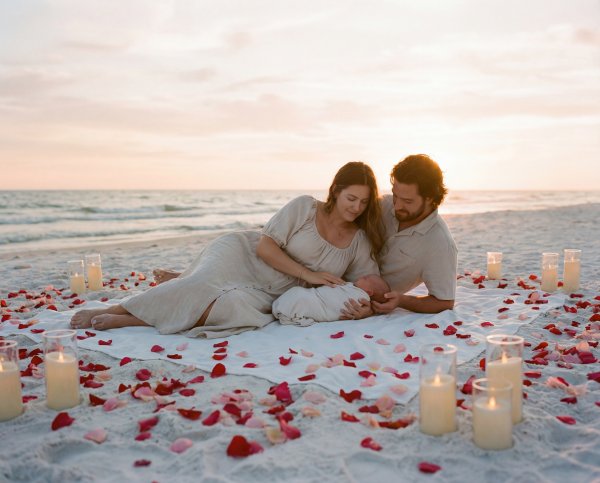Couple enjoys time on the beach with candles and flowers at sunset - stock photo