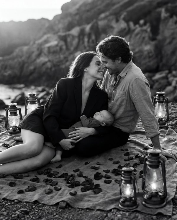 Couple enjoys a moment with baby at rocky beach during sunset - stock photo