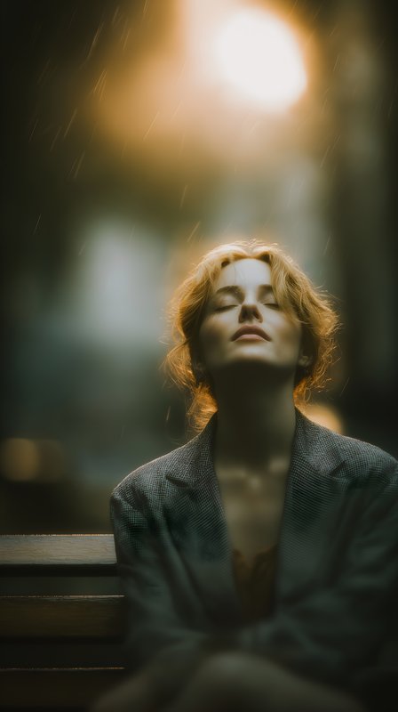 Woman sitting on a bench in the rain during sunset Free Premium Stock Image - stock photo
