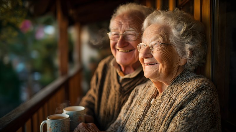 Happy seniors enjoy warm drinks on their balcony Free Premium Stock Image - stock photo