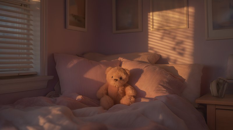 Cozy teddy bear sitting on bed in warm morning light Free Premium Stock Image - stock photo