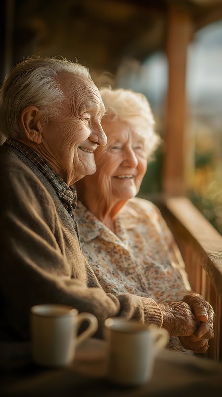 Elderly couple enjoys time together on a porch in the sun Free Premium Stock Image - stock photo