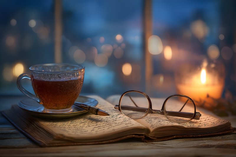 Evening tea and journal on a wooden table by a window Free Premium Stock Photo - stock photo