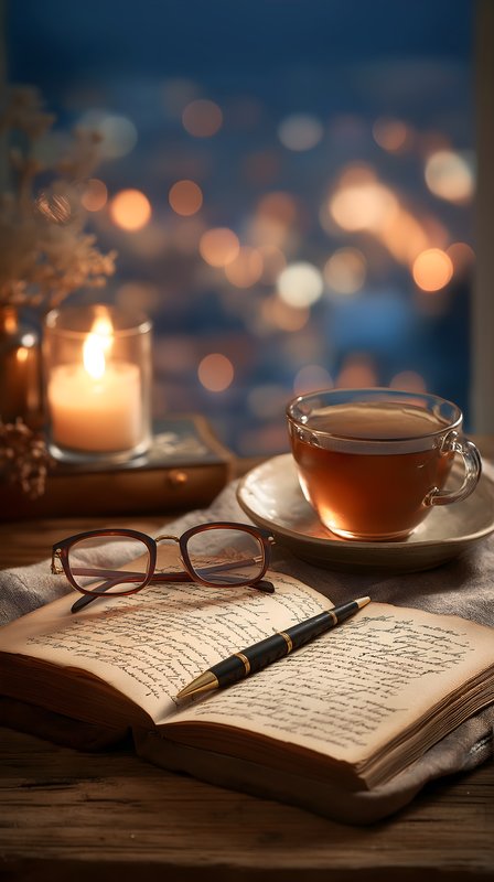 Cozy reading corner with tea and a lit candle at night Free Premium Stock Photo - stock photo
