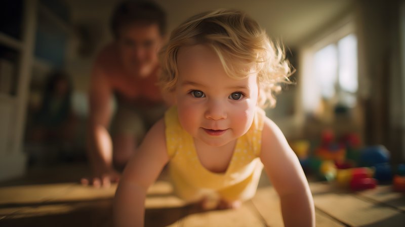 Child crawls on wooden floor with adult in background Free Premium Stock Photo - stock photo