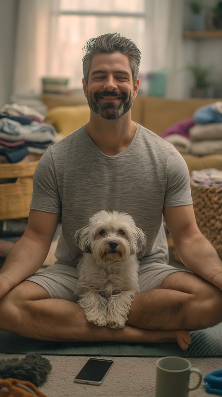 Man sits cross-legged with dog in cozy living room Free Premium Stock Photo - stock photo