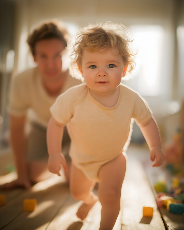 Child walks towards parent in a sunny room during day Free Premium Stock Image - stock photo