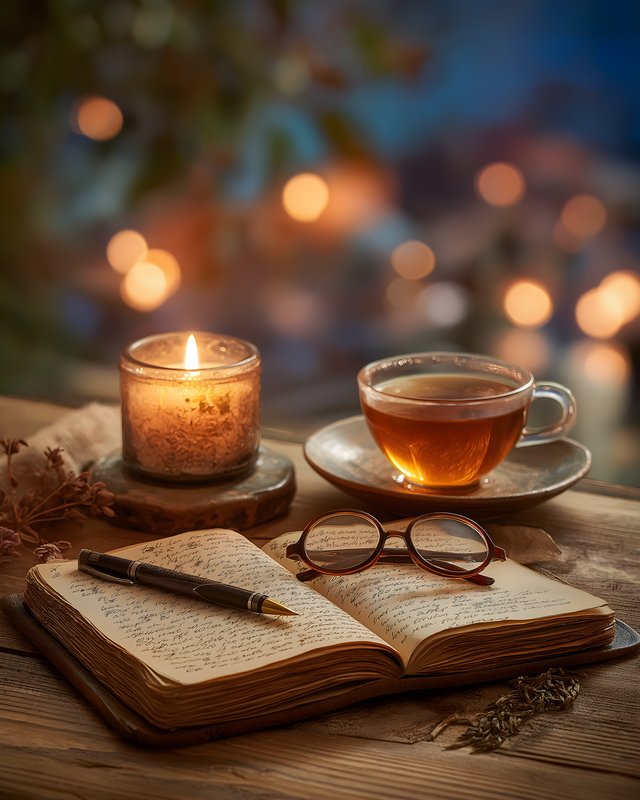 Warm drink and notes at night with soft lights in background Free Premium Stock Image - stock photo