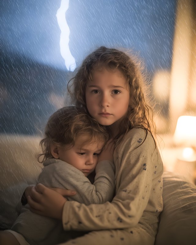 Siblings huddle together during a thunderstorm at night Free Premium Stock Image - stock photo