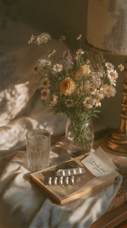 Flowers, glass of water, and pills on a wooden table Free Premium Stock Image - stock photo