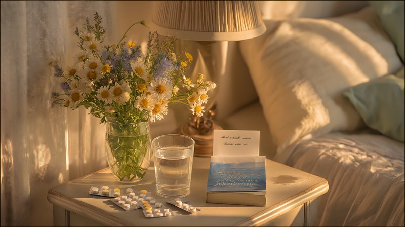 Nightstand with flowers, water, and book by a bed Free Premium Stock Image - stock photo