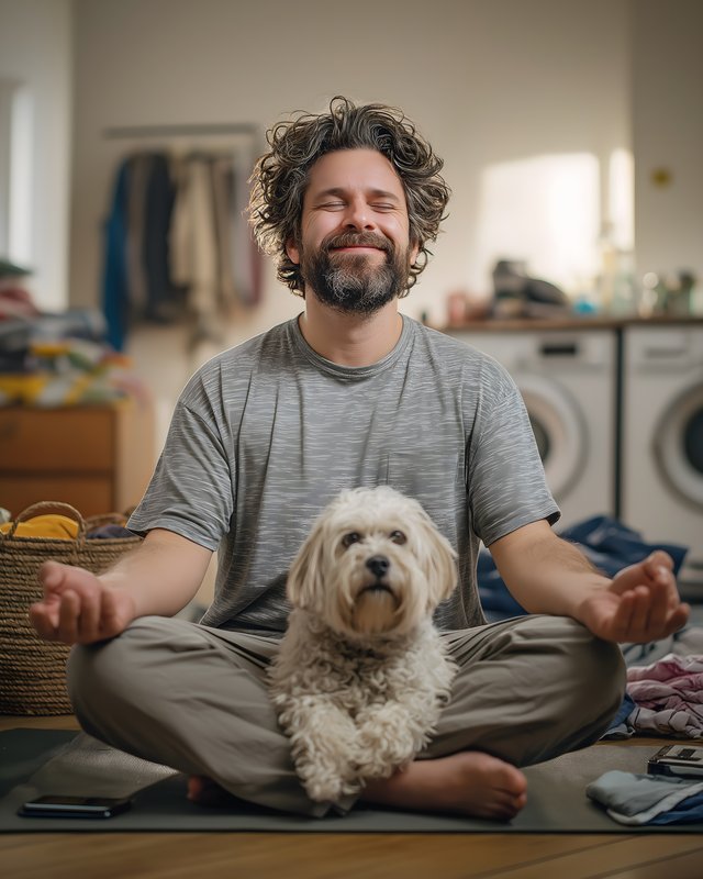 Man sits on yoga mat with dog in living room during morning Free Premium Stock Image - stock photo