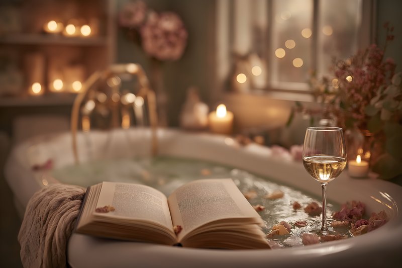 Relaxing bath with wine and candles during the evening Free Premium Stock Image - stock photo