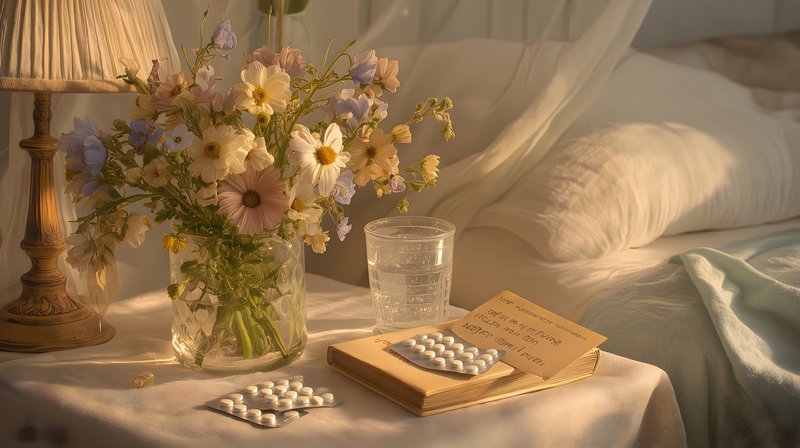 Flowers and a book on a bedside table in a cozy room Free Premium Stock Photo - stock photo