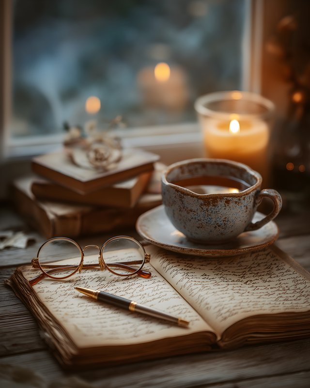Warm drinks and writing at home in the evening light Free Premium Stock Photo - stock photo