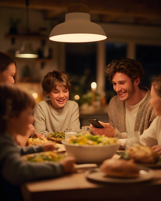 Family enjoys dinner together with laughter and conversation Free Premium Stock Photo - stock photo
