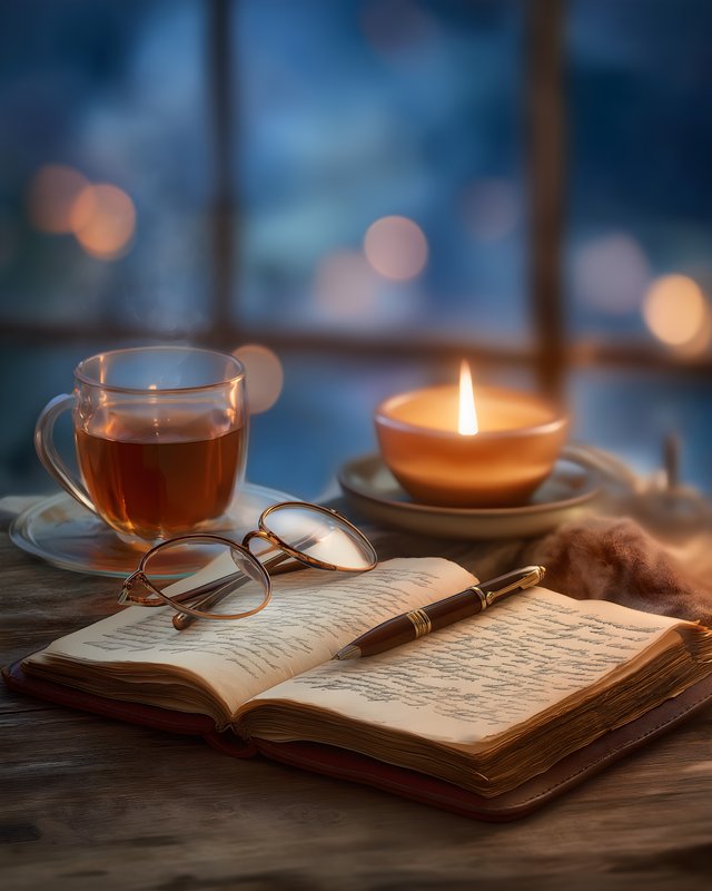 Cozy evening with tea, a book, and candlelight glow Free Premium Stock Image - stock photo