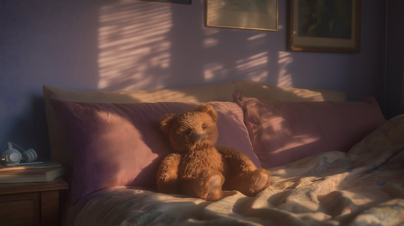 Brown teddy bear sitting on bed with purple pillows Free Premium Stock Image - stock photo