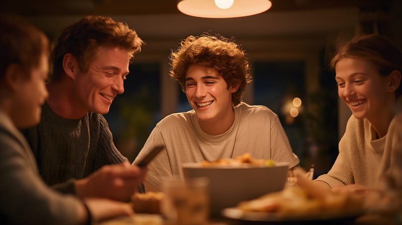 Family shares a meal and laughter in cozy kitchen setting Free Premium Stock Image - stock photo