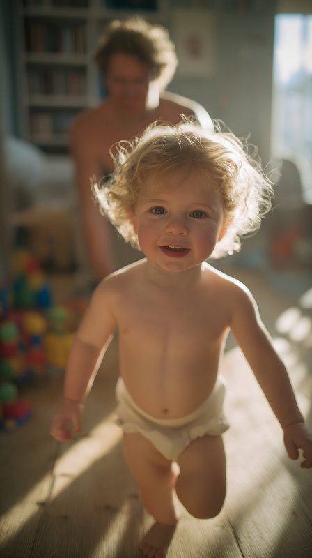 Child runs with joy in a bright room during afternoon playtime Free Premium Stock Image - stock photo